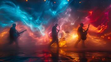 Dynamic long exposure shot of a group of musicians performing on stage with instruments and gestures captured as streaks of light photo