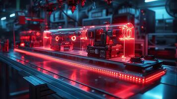 Dynamic long exposure shot of a team of robotics engineers testing a prototype robot with movements and circuits illuminated by LED lights photo