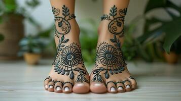 Fullleg mehendi pattern with floral elements on white paper optimized for printing Specify to avoid any representation of human legs or anatomy photo