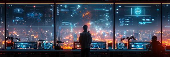 Futuristic long exposure shot of a team of architects collaborating on a project with digital screens and holograms illuminating the room photo