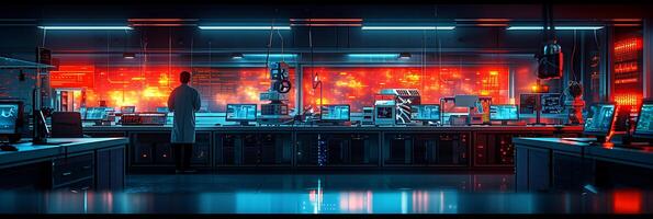 Futuristic long exposure shot of a group of researchers conducting experiments in a hightech laboratory with equipment and screens emitting colorful lights photo