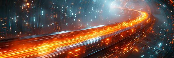 Futuristic long exposure shot of a highspeed train racing through a futuristic cityscape with streaks of light trailing behind photo