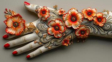 Fullleg mehendi pattern with floral elements on white paper optimized for printing photo
