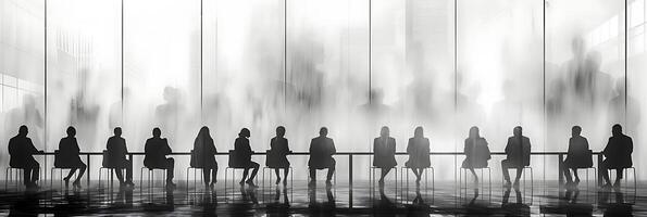 Minimalist long exposure shot of a group of executives in a boardroom meeting with subtle movements and interactions frozen in time photo