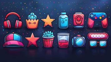 Series of entertainment icon covering area such gaming music movie leisure activity icon should vibrant engaging compatible various digital medium platform application Background should white easy photo