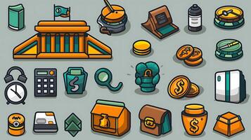 Set of financethemed icons including symbols banking investment budgeting currency exchange Ensure icons scalable available in SVG and AI file formats Background should be white for easy removal photo