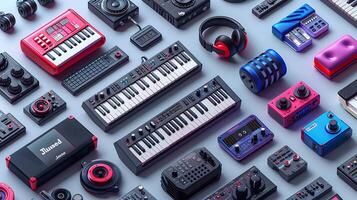Series of icon music industry encompassing symbol musical instrument genre notation audio equipment icon should capture vibrancy creativity of music versatile enough use music streaming platform photo