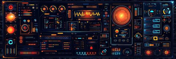 Set of illustrations tailored for the technology industry featuring sleek gadgets and futuristic interfaces photo