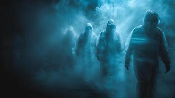 Surreal long exposure shot of a team of forensic scientists investigating a crime scene with movements and evidence captured as streaks of light photo