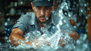 Surreal long exposure shot of a plumber at work with water flowing and tools in motion as they fix a leak photo