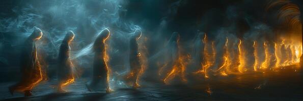 Surreal long exposure shot of a team of ghost hunters exploring a haunted location with movements and paranormal phenomena captured as streaks of light photo