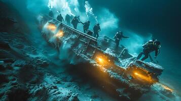 Surreal long exposure shot of a team of underwater archaeologists exploring a sunken shipwreck with movements and discoveries captured as streaks of light photo