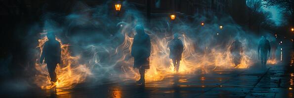 Surreal long exposure shot of a team of detectives investigating a crime scene with movements and interactions captured as streaks of light photo