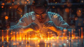 Abstract long exposure shot of a scientist conducting experiments in a laboratory with equipment and reactions creating vibrant patterns of light photo