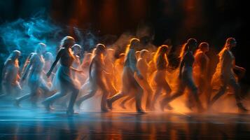 Atmospheric long exposure shot of a group of actors rehearsing a scene on stage with expressions and movements blurred in motion photo