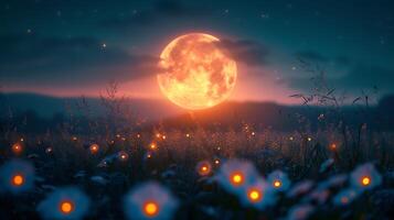 Enchanting long exposure shot of fireflies dancing in a moonlit meadow creating a magical atmosphere photo