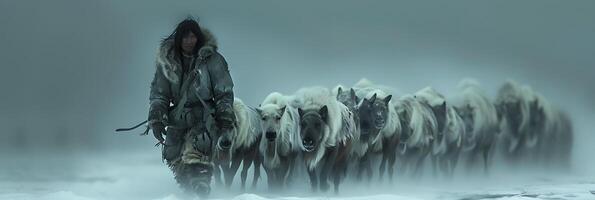 Employ timelapse photography showcase the Inuit people in the Arctic as they track caribou herds across the frozen tundra emphasizing the slow but steady pursuit of their prey over time photo