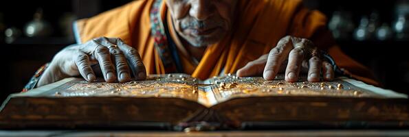 Employ macro photography capture intricate details of an illuminated manuscript held by a Tibetan Buddhist monk in Bhutan highlighting the beauty and craftsmanship of ancient texts for World Book Day photo