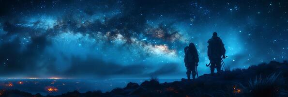 Experiment astrophotography techniques to capture a Maori tribe in New Zealand during a traditional night hunt for eels with the Milky Way galaxy as a stunning backdrop illuminating the hunters' path photo