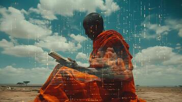 Experiment double exposure photography to blend images of a Maasai elder reading under the vast African sky with intricate patterns of books merging tradition with modern literature for World Book Day photo