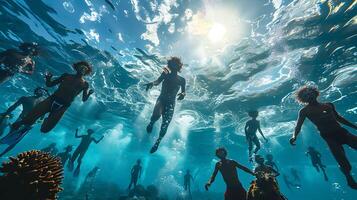 Experiment underwater photography to depict the Bajau sea nomads in Southeast Asia during a traditional spearfishing hunt capturing the divers' graceful movements beneath the surface photo