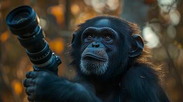 Breathtaking photograph of great ape astronomers observing night sky through advanced telescopic equipment using astrophotography techniques to capture the celestial wonders above the forest canopy photo