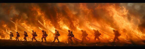 Captivating long exposure image of a group of firefighters battling a blaze with flames and movements frozen in time photo