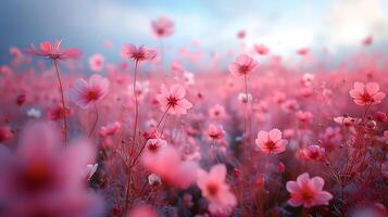 Dreamy long exposure image of a field of wildflowers swaying in the breeze with soft light painting the scene photo