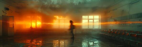 Dreamy long exposure image of a teacher in a classroom with students' movements and interactions captured as streaks of light photo