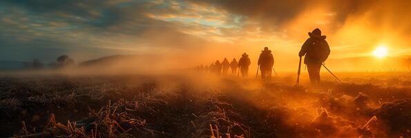 Dreamy long exposure image of a group of farmers working in a field at sunrise with tools and gestures frozen in time photo