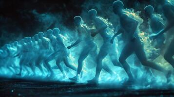 Dynamic long exposure image of a team of athletes training together with movements and equipment frozen in time photo