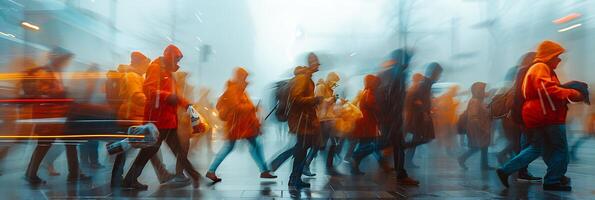 Dynamic long exposure image of a team of disaster relief workers providing aid in a crisis zone with movements and supplies frozen in time photo