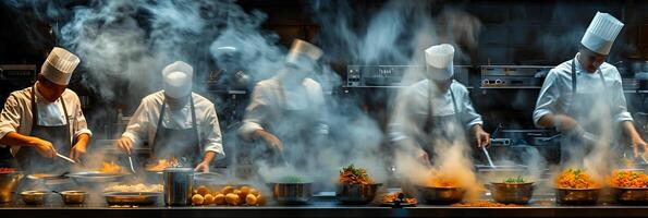 Dreamy long exposure image of a team of chefs preparing a multicourse meal in a highend restaurant with ingredients and movements frozen in time photo