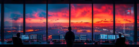 dinámica largo exposición imagen de un equipo de aire tráfico controladores coordinando vuelos en un controlar torre con movimientos y comunicaciones congelado en hora foto
