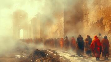 Hauntingly beautiful composite image of an Inca funeral procession using multiple exposure techniques conveying the passage of time and the solemnity of the ancient ritual photo