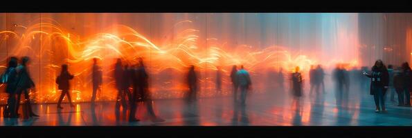 Mesmerizing long exposure image of a team of language translators working in a bustling conference with gestures and conversations frozen in time photo