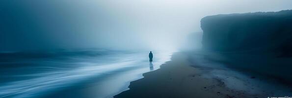 Minimalist long exposure image of a solitary figure walking along a deserted beach with their movement captured in light photo