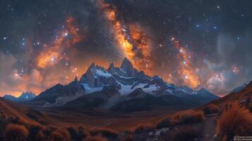 Mesmerizing scene using long exposure photography to showcase the night sky above the Andean mountains with Viracocha constellation subtly visible amidst the stars photo