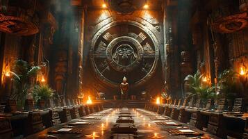 Stunning photograph of the great ape council chambers utilizing architectural photography techniques to highlight the intricate design of the meeting space and the presence of tribal elders photo
