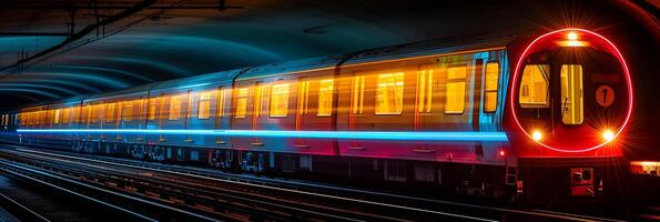 Surreal long exposure image of a train speeding through a tunnel with streaks of light trailing behind it photo