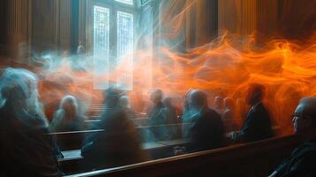 Surreal long exposure image of a group of lawyers in a courtroom with gestures and expressions captured as streaks of light during a heated debate photo