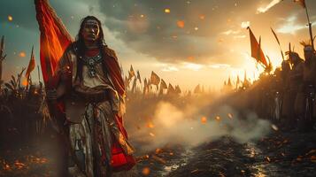 Visually stunning composite image of Inti Raymi sacrifice using HDR photography digital compositing combining multiple exposures to capture the dynamic range of light and shadow in the ancient ritual photo