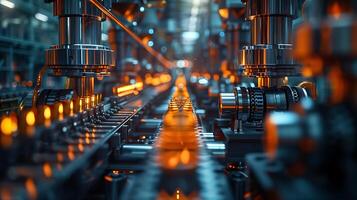 Abstract long exposure image of mechanical engineers working in a factory with machinery in motion creating intricate patterns of light photo