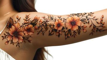 Wrist to elbow mehendi design featuring delicate flowers and vines on a white background for transparent printing The design should wrap elegantly around the arm photo
