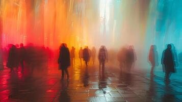 Abstract long exposure image of a team of artists collaborating on a mural with paintbrushes and colors creating dynamic patterns in the air photo