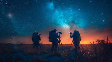 Atmospheric long exposure image of a team of astronomers observing the night sky through telescopes with movements and celestial objects frozen in time photo