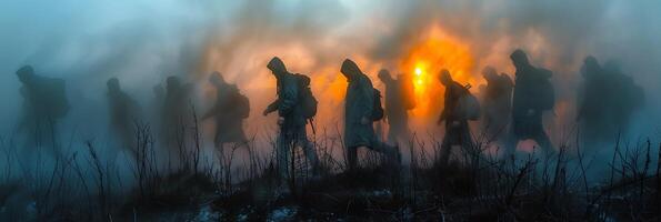 Atmospheric long exposure image of a team of archeologists excavating a site with movements and discoveries frozen in time photo