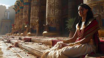 Hatshepsut Create authentic casual image portraying Hatshepsut one of few female pharaoh of ancient Egypt scene capturing her rule during 18th dynasty perhaps engaging trade negotiation or overseeing photo