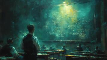 Highlight dedication of a teacher conducting a latenight tutoring session in a dimly lit classroom with the glow of knowledge illuminating the space using low light techniques photo