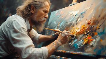 Highlight creativity of a painter working on a masterpiece in a softly lit studio with colors blending beautifully in the low light using low light techniques photo